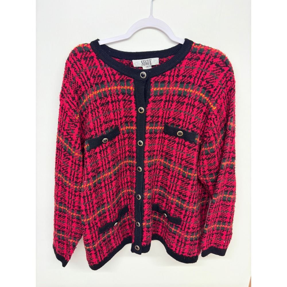 Vintage Grannycore 90s Cardigan Knit Plaid Ornate Women 2X Red Holiday Christmas